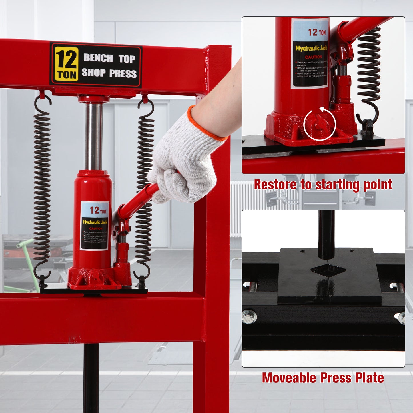 12-Ton Hydraulic Shop Press with Press Plates, H-Frame Garage Floor Press, Adjustable Working Table Height