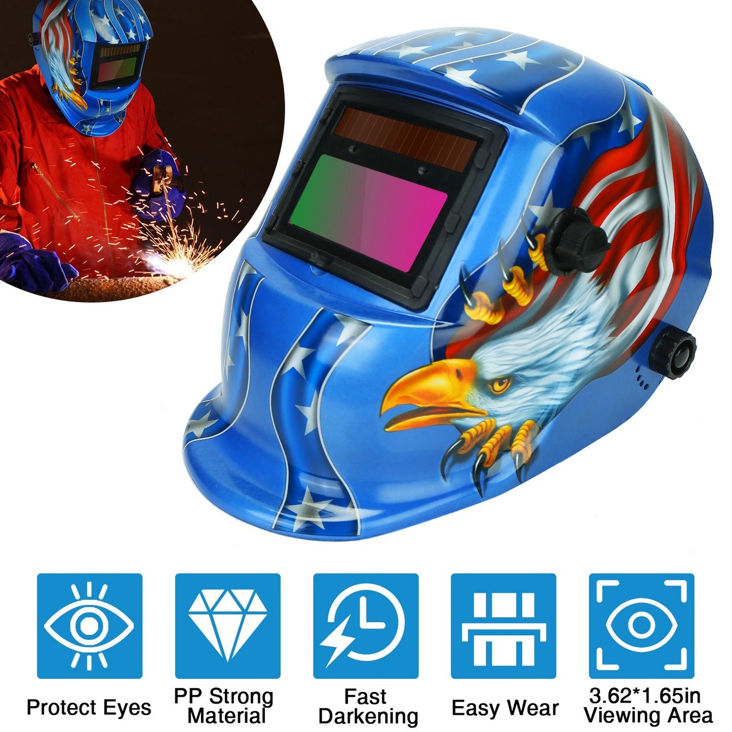 Welding Helmet Solar Powered Auto Darkening Hood with Adjustable Wide Shade Range 9-13