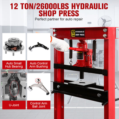 12-Ton Hydraulic Shop Press with Press Plates, H-Frame Garage Floor Press, Adjustable Working Table Height