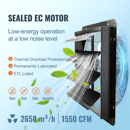 VEVOR Abluftventilator mit Jalousie, 16 Zoll, mit Temperatur-Feuchtigkeitsregler, EC-Motor, 2650 CFM, 10-stufig einstellbarer Dachbodenventilator zur Wandmontage, Belüftung und Kühlung für Gewächshäuser, Garagen, Schuppen, ETL-gelistet