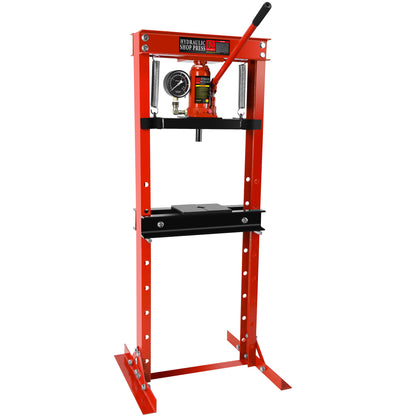 Steel H-Frame Hydraulic Garage/Shop Floor Press with Stamping Plates, with a pressure gauge,12 Ton (24,000 lb) Capacity, Red