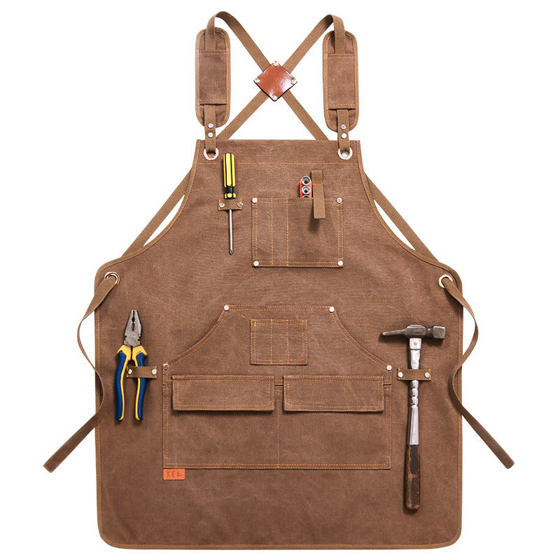 Durable Work Apron with Tool Pockets Heavy Duty Unisex Canvas Adjustable Cross-Back Straps Apron For Carpenter Painting Home BBQ