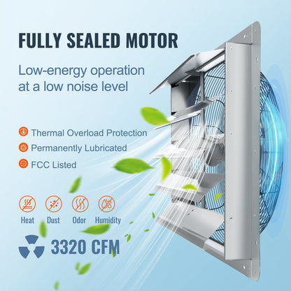 Ventilador de escape con persiana de 24'' VEVOR, 3320 CFM de alta velocidad, ventilador de ático de montaje en pared de aluminio con motor de CA, ventilación y refrigeración para invernaderos, garajes, cobertizos, tiendas, FCC