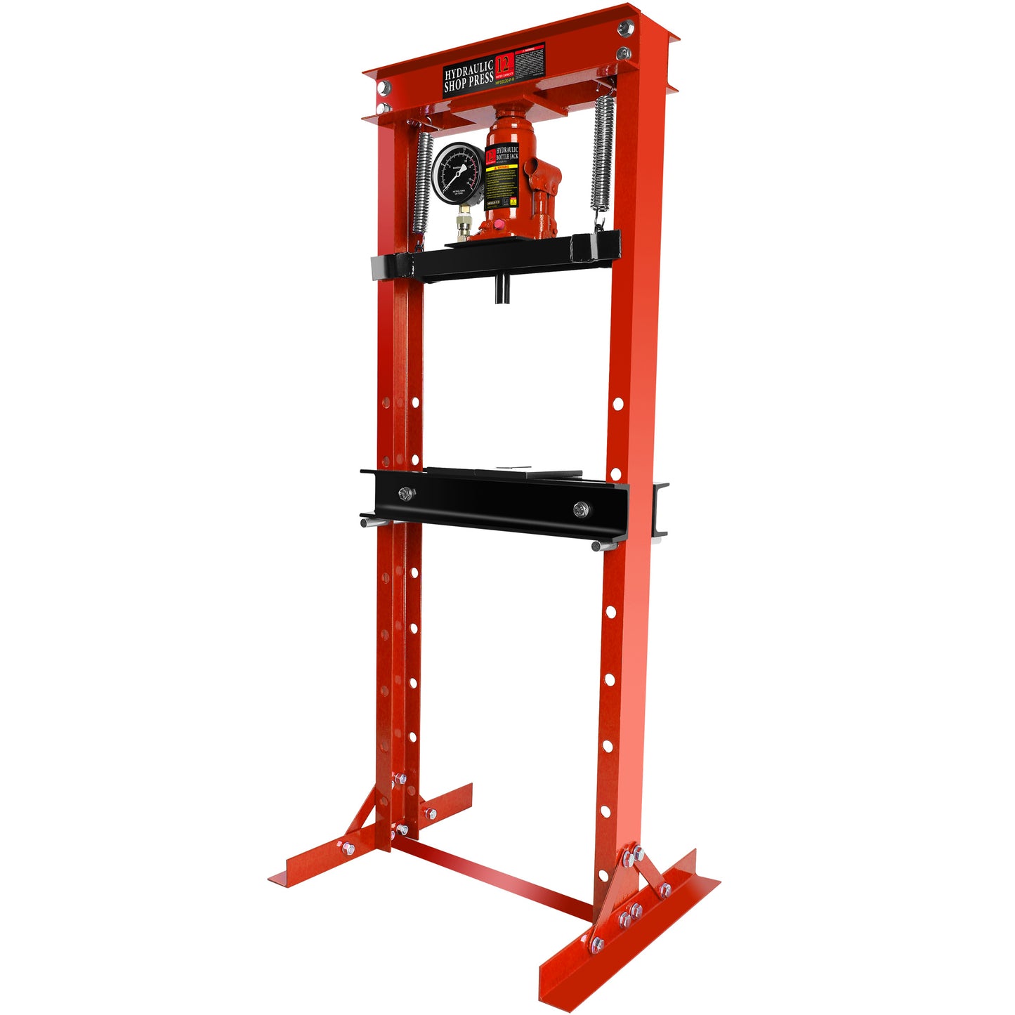 Steel H-Frame Hydraulic Garage/Shop Floor Press with Stamping Plates, with a pressure gauge,12 Ton (24,000 lb) Capacity, Red