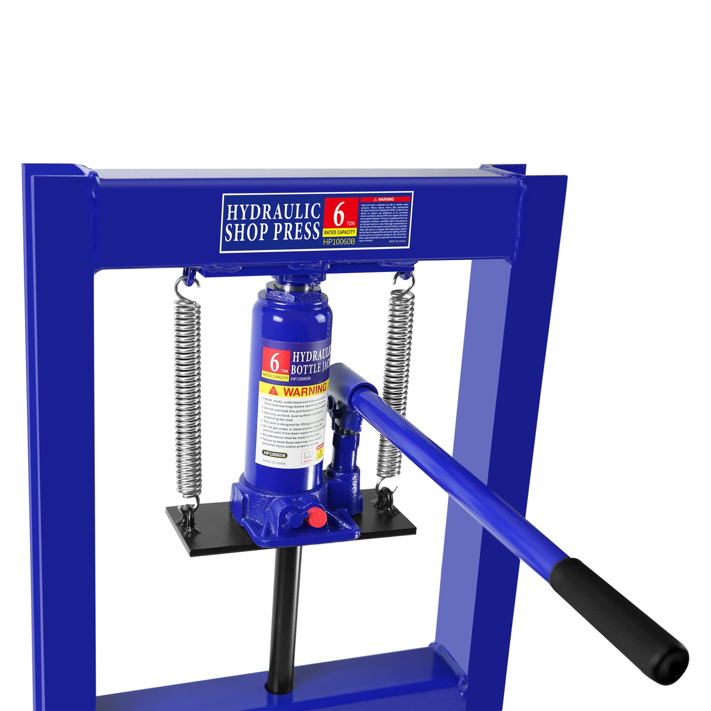 Steel H-Frame Hydraulic Shop Press with Stamping Plates to Bend, Straighten, or Press Parts, Install Bearings and U-Joints, 6 Ton Capacity, Blue