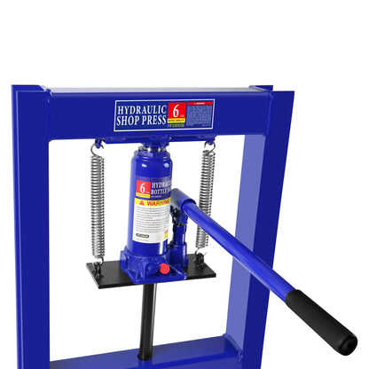 Steel H-Frame Hydraulic Shop Press with Stamping Plates to Bend, Straighten, or Press Parts, Install Bearings and U-Joints, 6 Ton Capacity, Blue