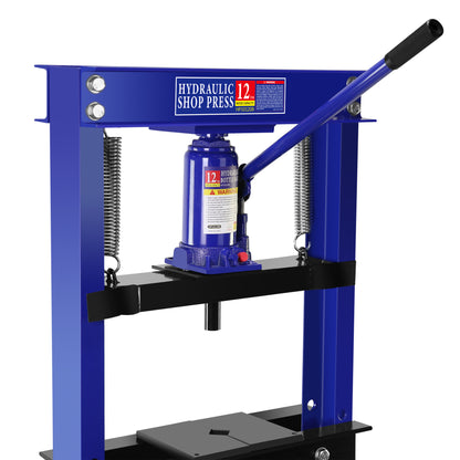 Hydraulic 12 Ton H-Frame Garage Floor Adjustable Shop Press with Plates, 12T, Blue