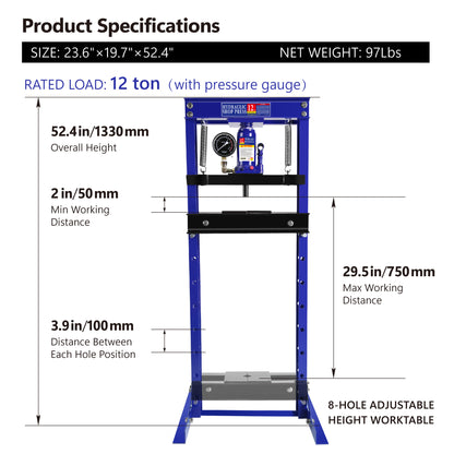 Steel H-Frame Hydraulic Shop Press with Stamping Plates to Bend, Straighten, or Press Parts, with a pressure gauge, Install Bearings and U-Joints, 12 Ton (24,000 lb) Capacity