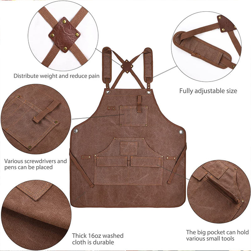 Durable Work Apron with Tool Pockets Heavy Duty Unisex Canvas Adjustable Cross-Back Straps Apron For Carpenter Painting Home BBQ