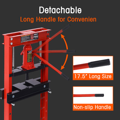 Hydraulic Shop Press ,12-Ton Capacity , Floor Mount ,with Press Plates, H-Frame Garage Floor Press, Adjustable Working Table Height,red