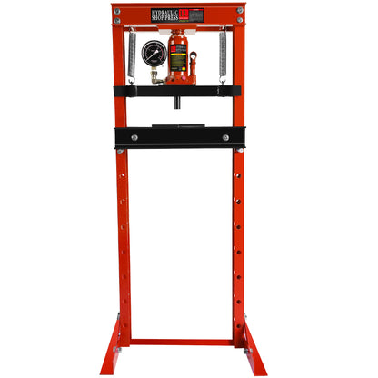 Steel H-Frame Hydraulic Garage/Shop Floor Press with Stamping Plates, with a pressure gauge,12 Ton (24,000 lb) Capacity, Red