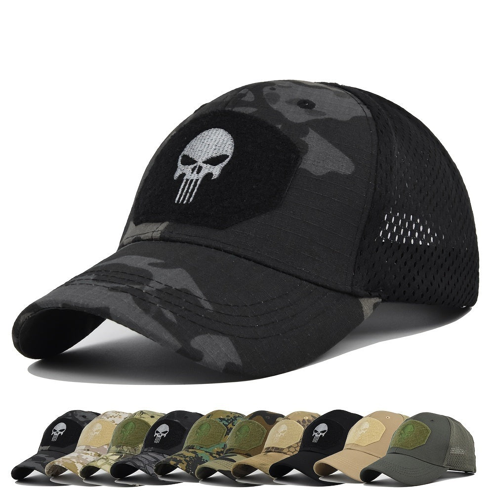 1pc Breathable Tactical Baseball Cap; Multi-color Mesh Sun Hat With Skull Pattern