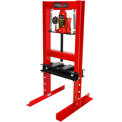 6 Ton Hydraulic Shop Floor Press, with pressure gauge Steel H-Frame Shop Press with Steel Plates Adjustable Working Table, Red