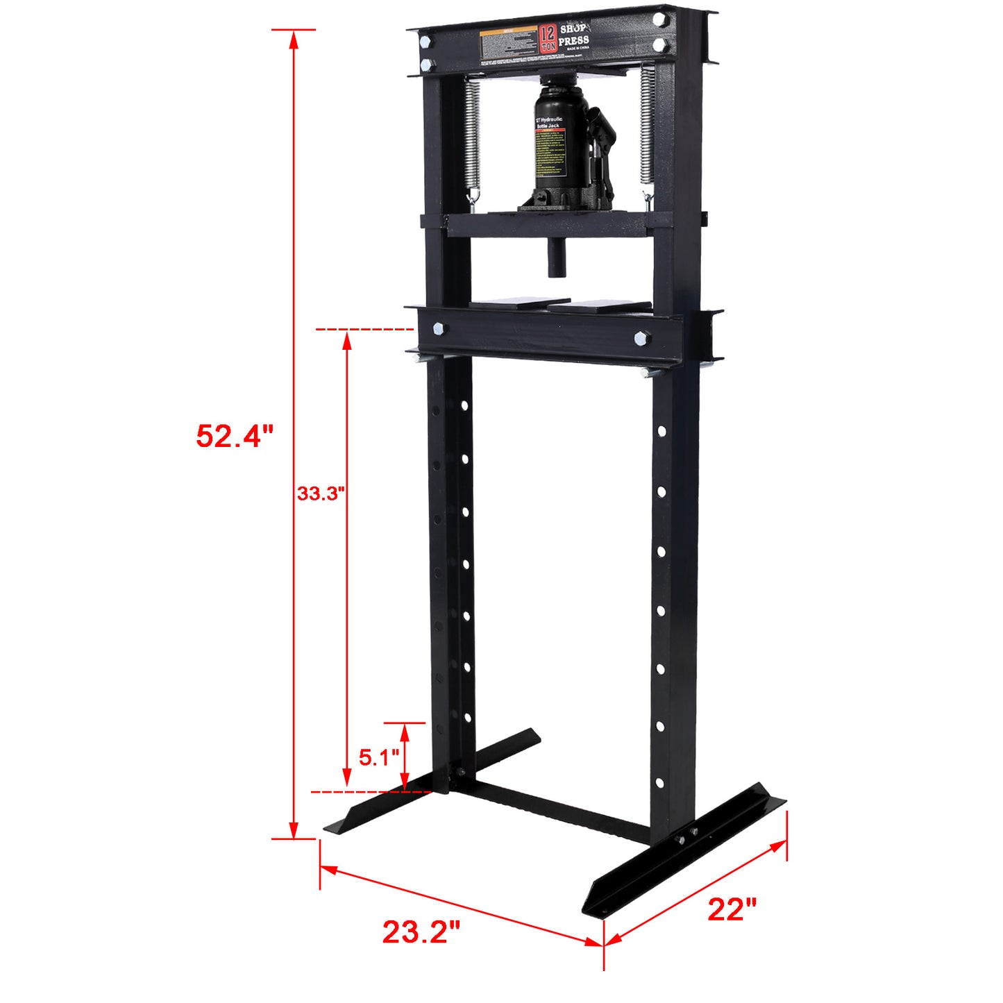 Pressa idraulica da officina, capacità 12 tonnellate, montaggio a pavimento, con piastre di pressatura, pressa da pavimento per garage con telaio a H, altezza del tavolo di lavoro regolabile, nero