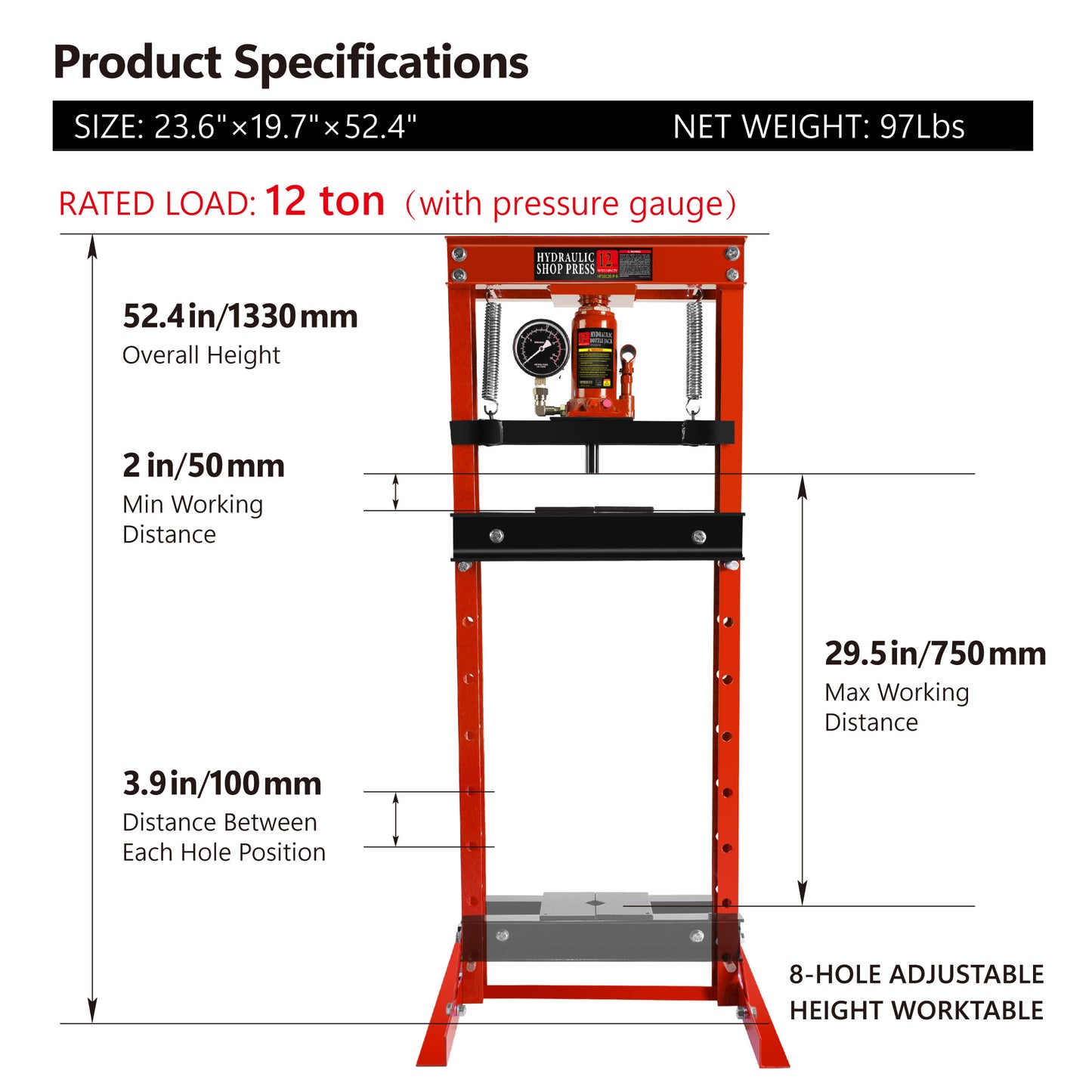 Presse hydraulique pour garage/atelier à cadre en H en acier avec plaques d'emboutissage, avec manomètre, capacité de 12 tonnes (24 000 lb) , rouge