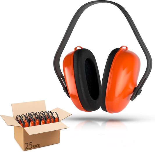 25 Pack Safety Orange Black Ear Muffs. Adjustable Headband Earmuffs. Comfortable Ear Cups. Premium Quality Hearing Protection. Best Ear Defenders for Construction; Industrial; Firearm Use.