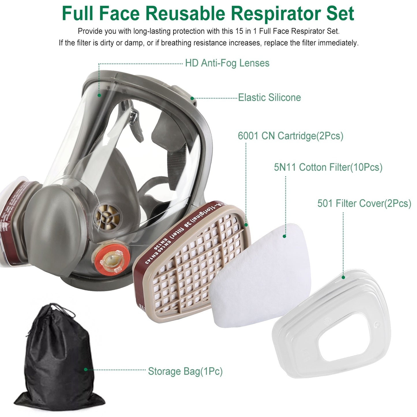 Máscara de respirador facial completa Máscara de gas reutilizable 6800 Respirador de pieza facial 15 en 1 Juego de cubierta facial completa con bolsa de almacenamiento contra gases, polvo, vapores para soldar, lijar, cortar y recubrir