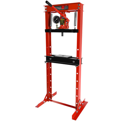 Steel H-Frame Hydraulic Garage/Shop Floor Press with Stamping Plates, with a pressure gauge,12 Ton (24,000 lb) Capacity, Red