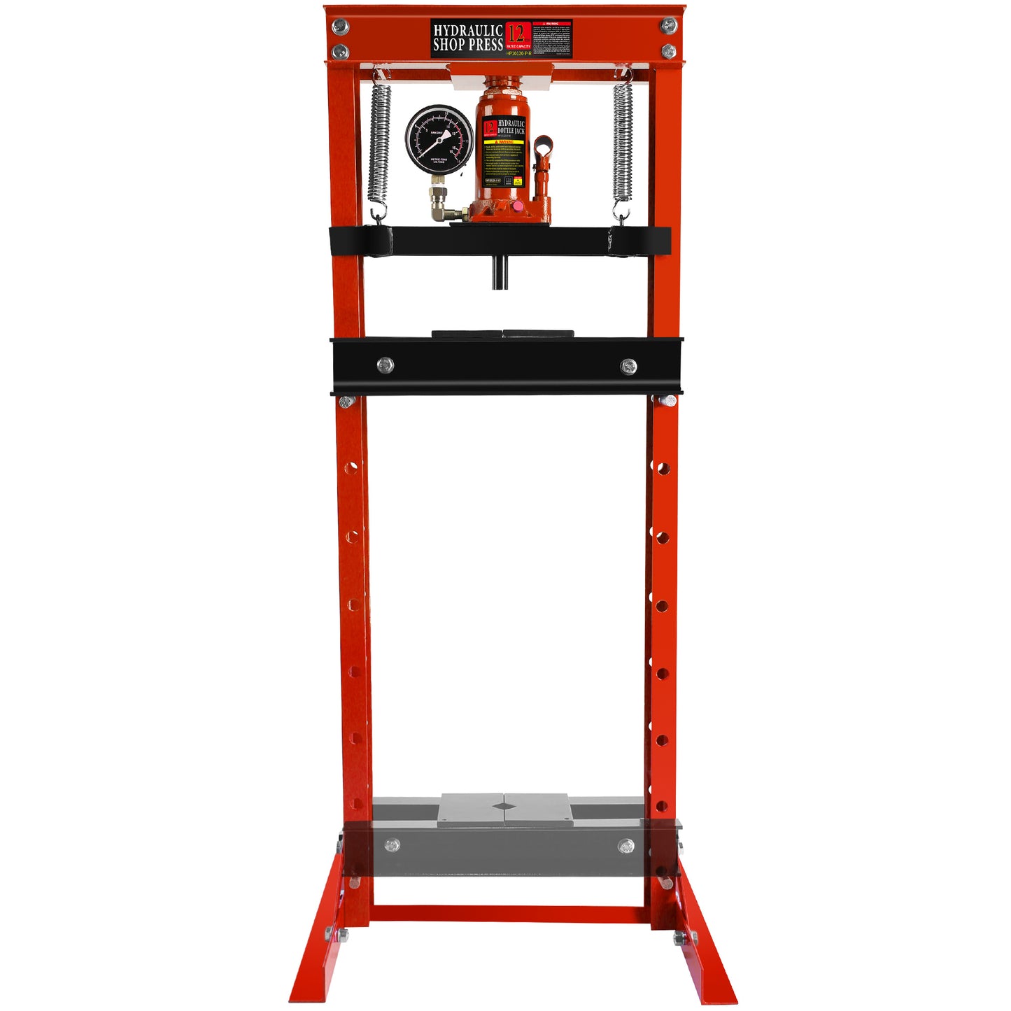 Steel H-Frame Hydraulic Garage/Shop Floor Press with Stamping Plates, with a pressure gauge,12 Ton (24,000 lb) Capacity, Red