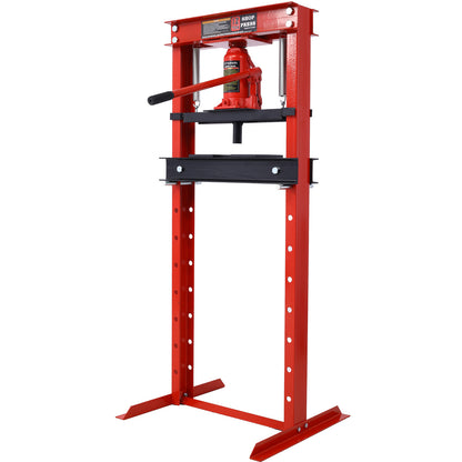 Hydraulic Shop Press ,12-Ton Capacity , Floor Mount ,with Press Plates, H-Frame Garage Floor Press, Adjustable Working Table Height,red