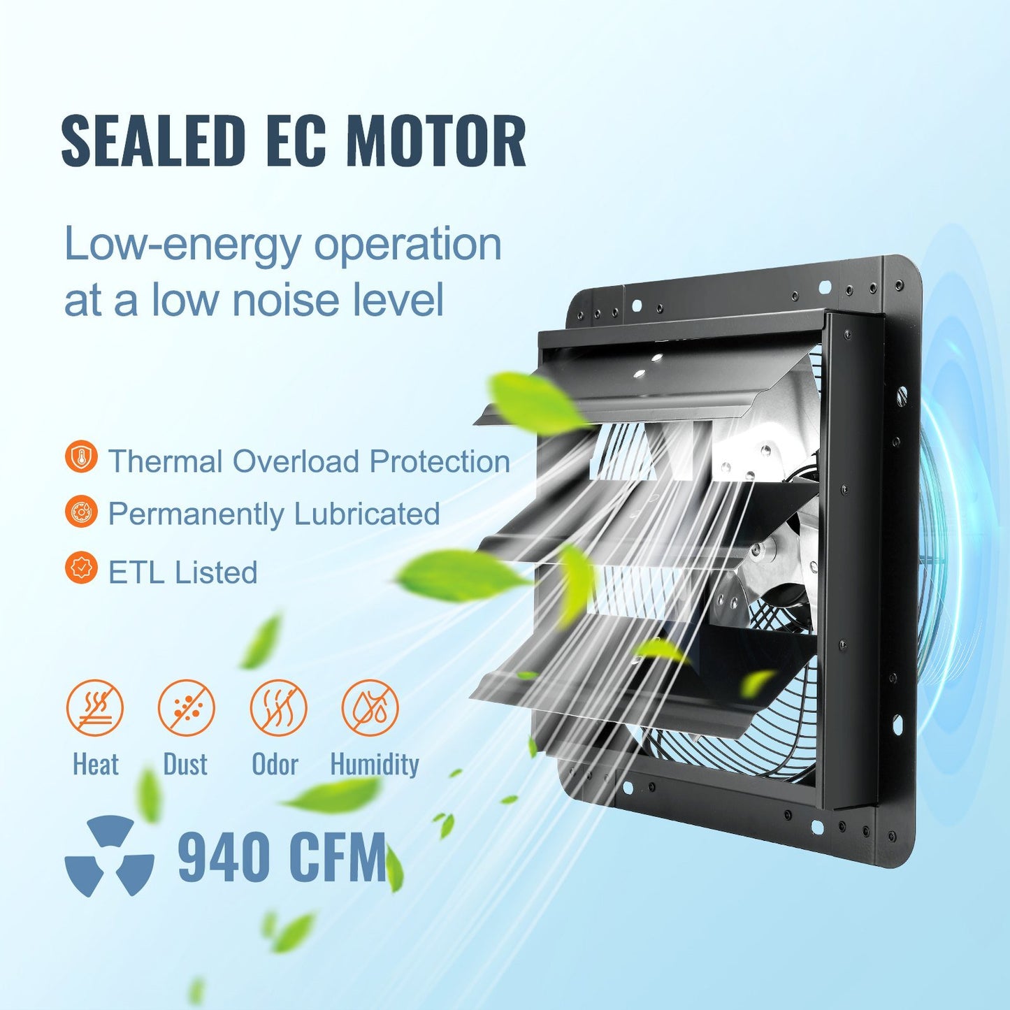 VEVOR Shutter Exhaust Fan, 12'' with Temperature Humidity Controller, EC-motor, 940 CFM, 10-Speed Adjustable Wall Mount Attic Fan, Ventilation and Cooling for Greenhouses, Garages, Sheds, ETL Listed