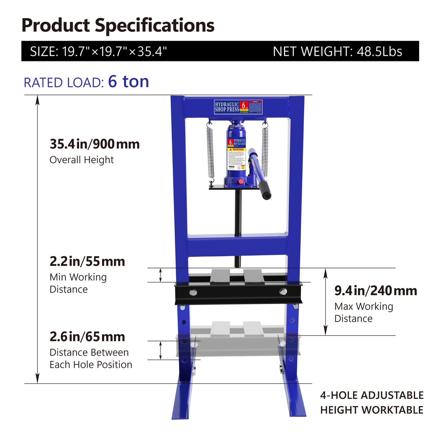 Prensa hidráulica de taller con estructura en H de acero y placas de estampado para doblar, enderezar o prensar piezas, instalar cojinetes y juntas en U, capacidad de 6 toneladas, color azul