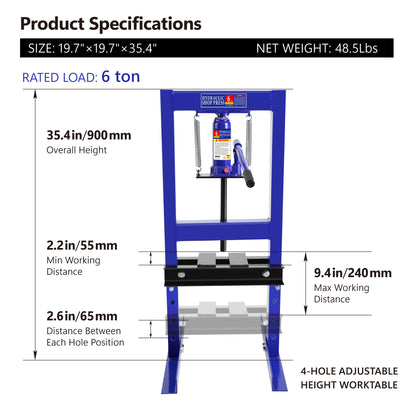 Prensa hidráulica de taller con estructura en H de acero y placas de estampado para doblar, enderezar o prensar piezas, instalar cojinetes y juntas en U, capacidad de 6 toneladas, color azul