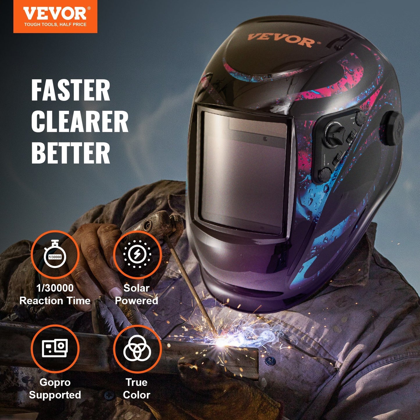 VEVOR True Color Solar Powered Auto Darkening Welding Helmet, 4 Arc Sensor Wide Shade 5-8/9-13 for TIG MIG ARC Welding Hood Mask