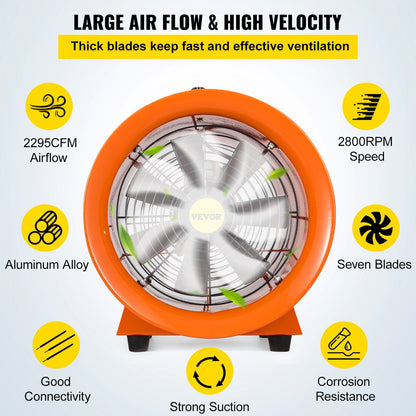 VEVOR Utility Blower Fan, 12 Inches, High Velocity Ventilator, Portable Ventilation Fan, Fume Extractor (12 Inches Blower Fan with Duct)