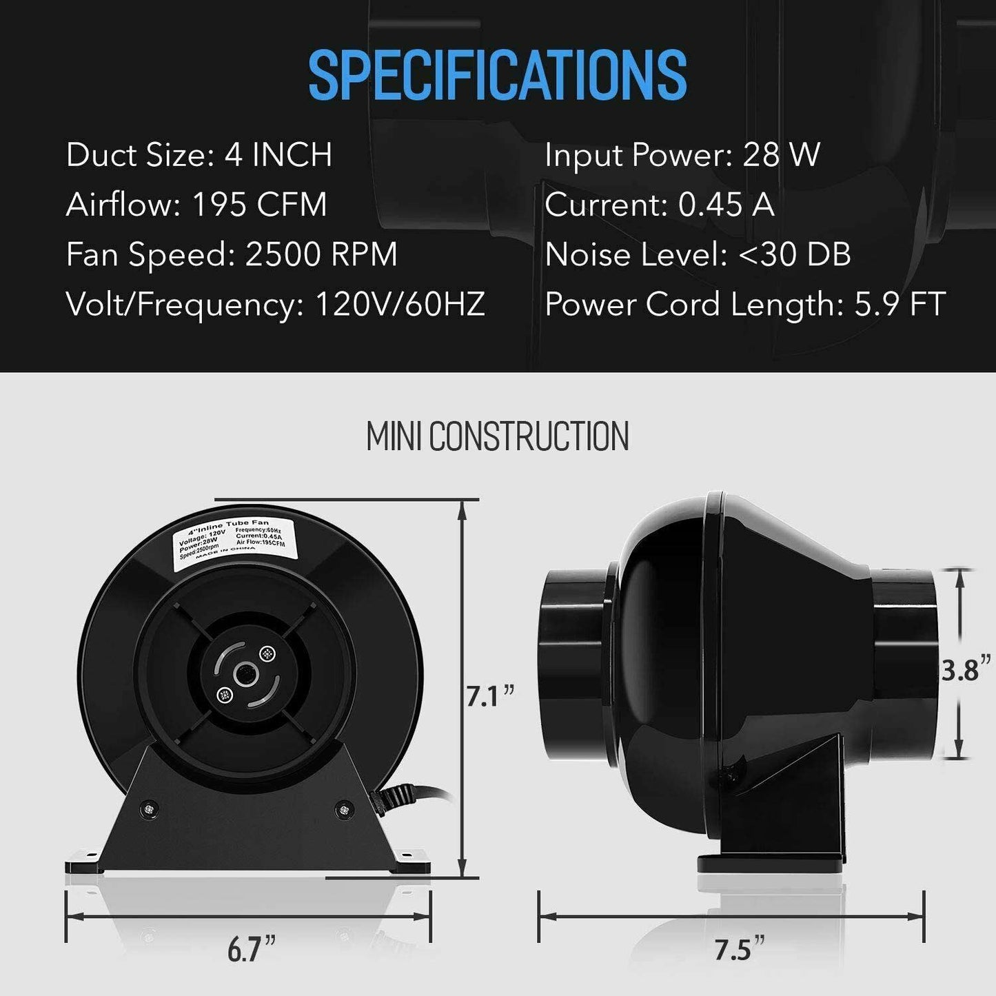 iPower 4 pollici 195 CFM condotto in linea ventilazione ventola di circolazione aria HVAC scarico soffiante per tenda di coltivazione, serre, scantinati o cucine, Lite, nero