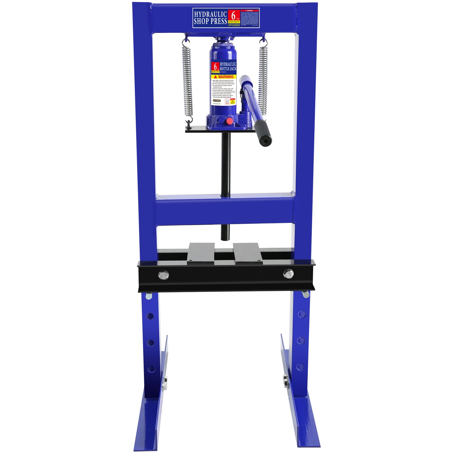 Steel H-Frame Hydraulic Shop Press with Stamping Plates to Bend, Straighten, or Press Parts, Install Bearings and U-Joints, 6 Ton Capacity, Blue