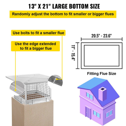 Chapeau de cheminée VEVOR, 13" x 21", couvercle de cheminée en acier inoxydable 304, pare-étincelles en métal réglable avec boulons et vis, couvercle de conduit de cheminée en maille pour carrelage de conduit en argile existant à l'extérieur