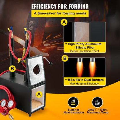 VEVOR Propane Knife Forge, Farrier Furnace with Dual Burners, Portable Square Metal Forge with Two Durable Doors, Large Capacity, for Blacksmithing, Knife Making, Forging Tools and Equipment