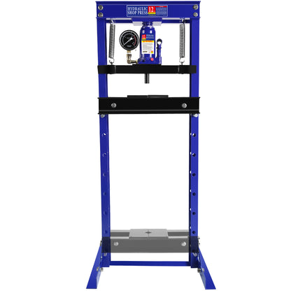 Steel H-Frame Hydraulic Shop Press with Stamping Plates to Bend, Straighten, or Press Parts, with a pressure gauge, Install Bearings and U-Joints, 12 Ton (24,000 lb) Capacity