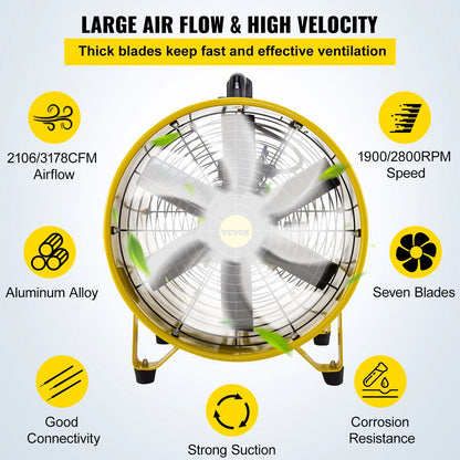 VEVOR Utility Blower Fan, 16 Inches, 1100W 2160 & 3178 CFM High-Velocity Ventilator w/32.8 ft/10 m Duct Hose, Portable Ventilation Fan, Fume Extractor for Exhausting & Ventilating at Home and Job Site