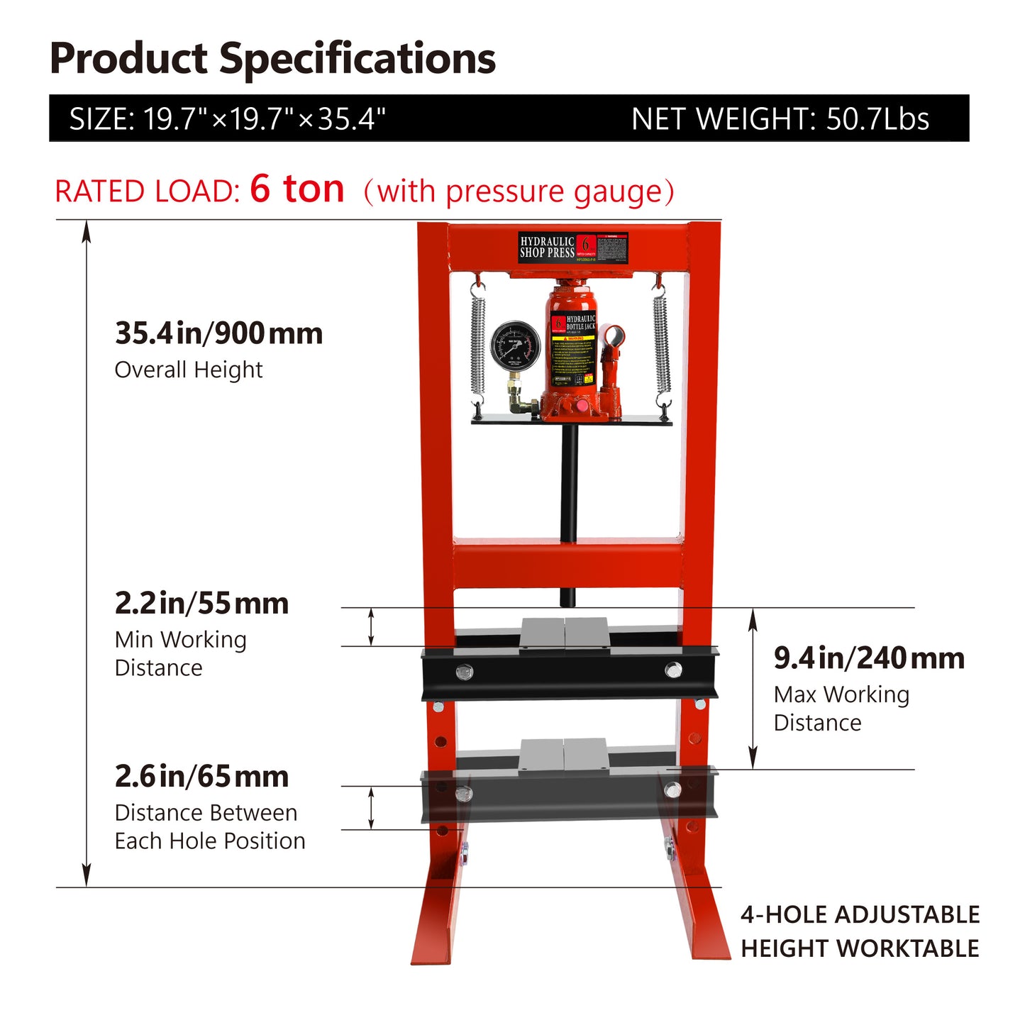 6 Ton Hydraulic Shop Floor Press, with pressure gauge Steel H-Frame Shop Press with Steel Plates Adjustable Working Table, Red