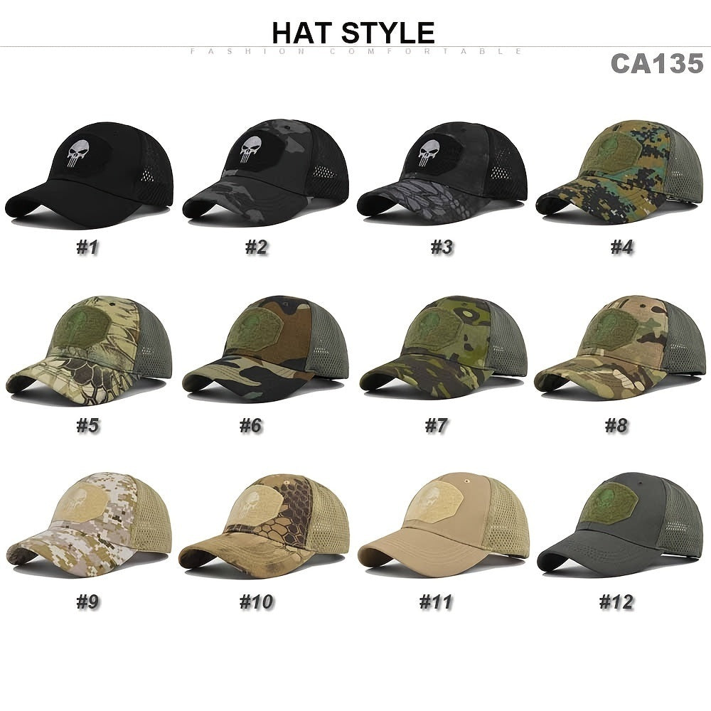 1pc Breathable Tactical Baseball Cap; Multi-color Mesh Sun Hat With Skull Pattern