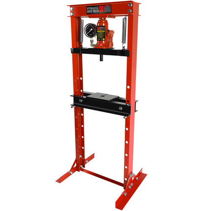 Steel H-Frame Hydraulic Garage/Shop Floor Press with Stamping Plates, with a pressure gauge,12 Ton (24,000 lb) Capacity, Red