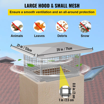 Tapa de chimenea VEVOR, tapas de conducto de humos de 17" x 29", cubierta de chimenea de acero inoxidable 304, parachispas de metal ajustable con tornillos, cubierta de conducto de humos de malla para baldosas de arcilla existentes en el exterior