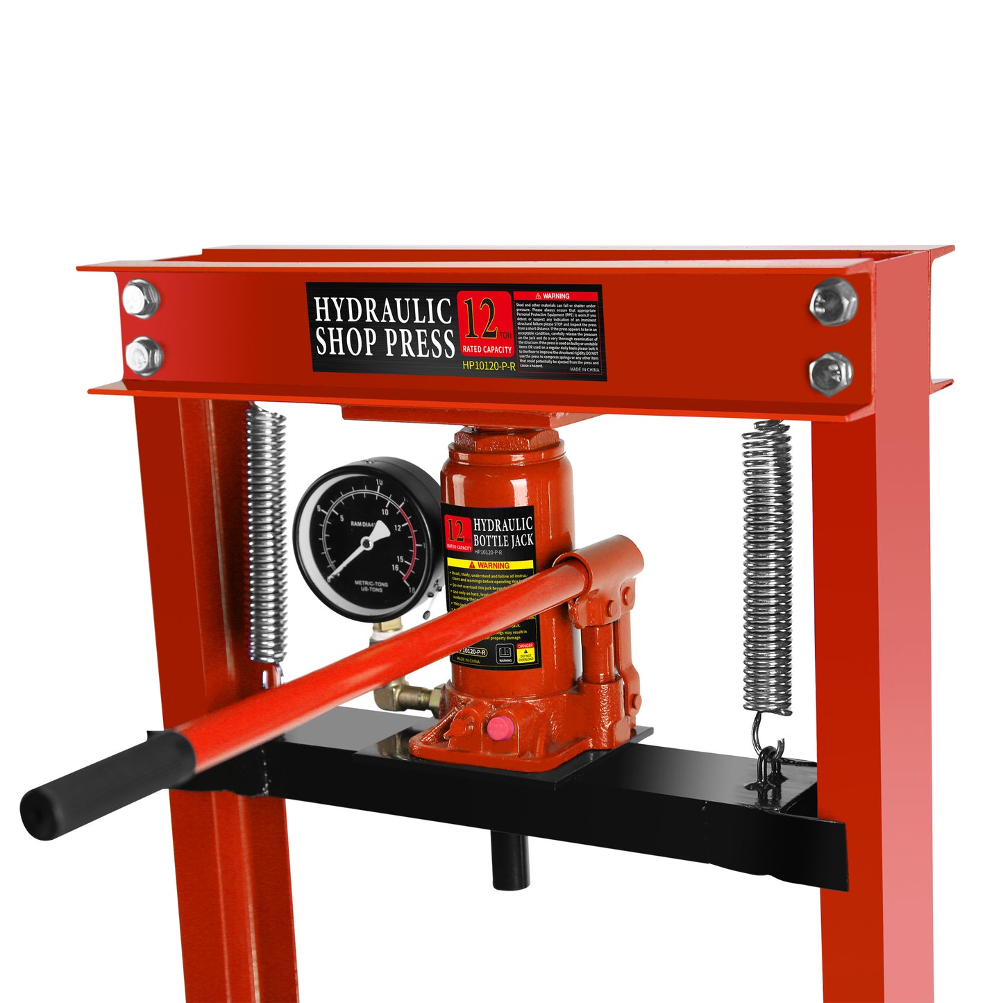 Steel H-Frame Hydraulic Garage/Shop Floor Press with Stamping Plates, with a pressure gauge,12 Ton (24,000 lb) Capacity, Red