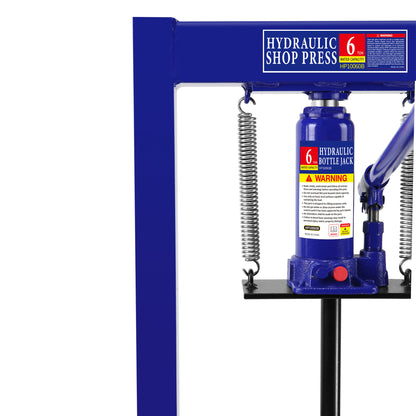 Steel H-Frame Hydraulic Shop Press with Stamping Plates to Bend, Straighten, or Press Parts, Install Bearings and U-Joints, 6 Ton Capacity, Blue