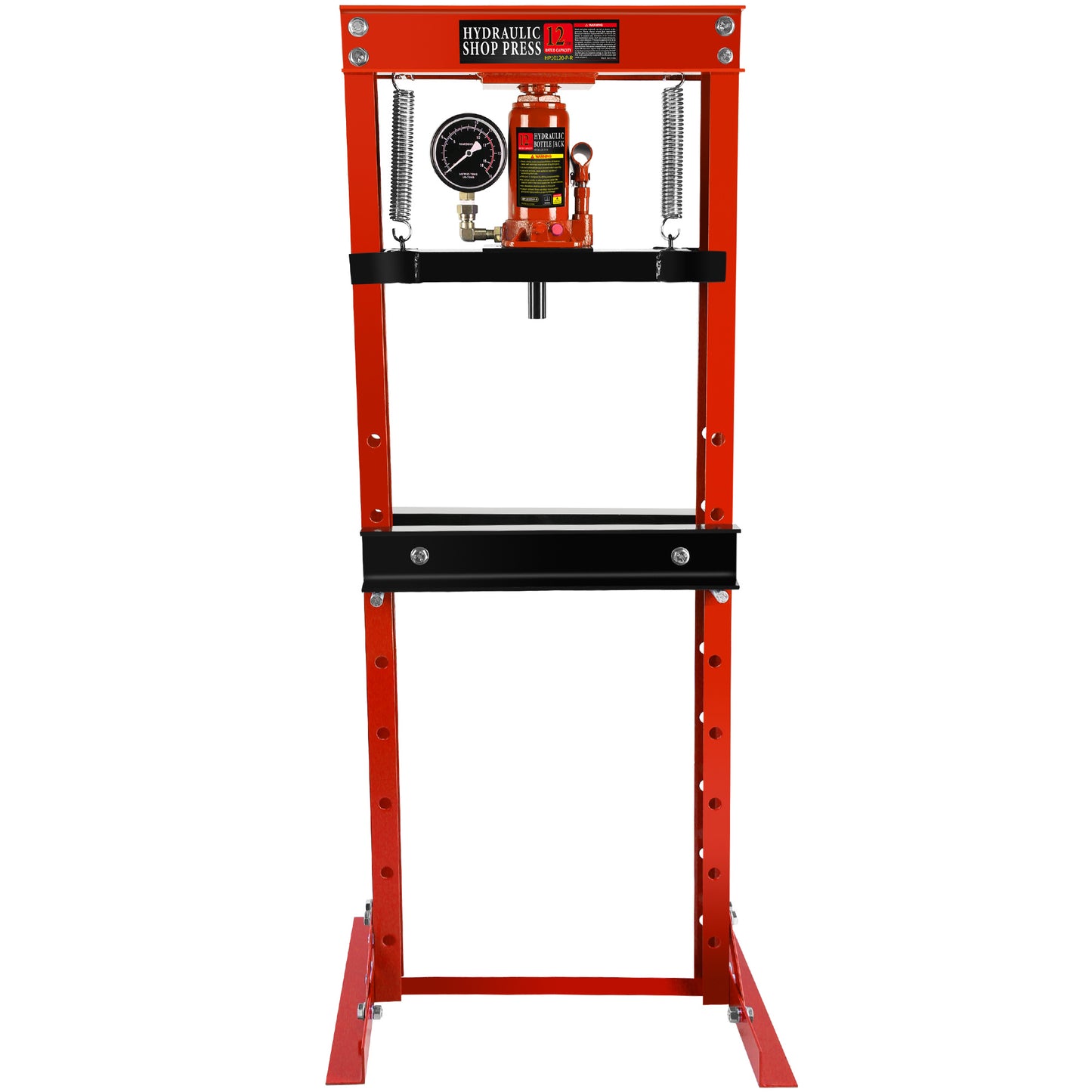 Steel H-Frame Hydraulic Garage/Shop Floor Press with Stamping Plates, with a pressure gauge,12 Ton (24,000 lb) Capacity, Red