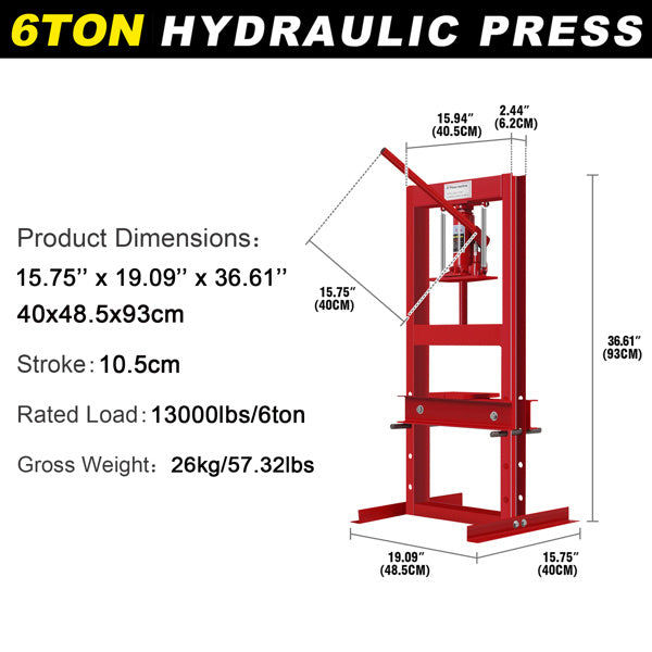 Hydraulic Shop Press 6Ton with Press Plates H-Frame Benchtop Press Stand