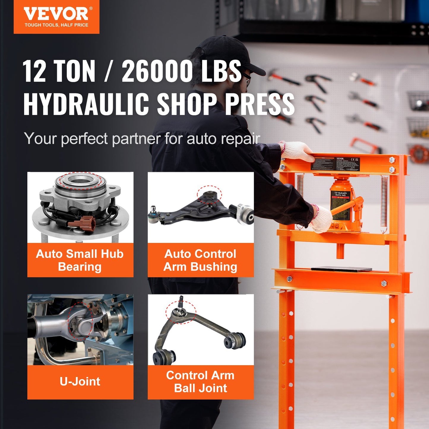 VEVOR Hydraulic Shop Press, 12 Ton H-Frame Hydraulic Garage/Shop Floor Press, Adjustable Shop Press with Press Plates, Heavy Duty Hydraulic Press for Garage, Shop, Workshop