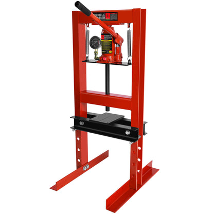 6 Ton Hydraulic Shop Floor Press, with pressure gauge Steel H-Frame Shop Press with Steel Plates Adjustable Working Table, Red