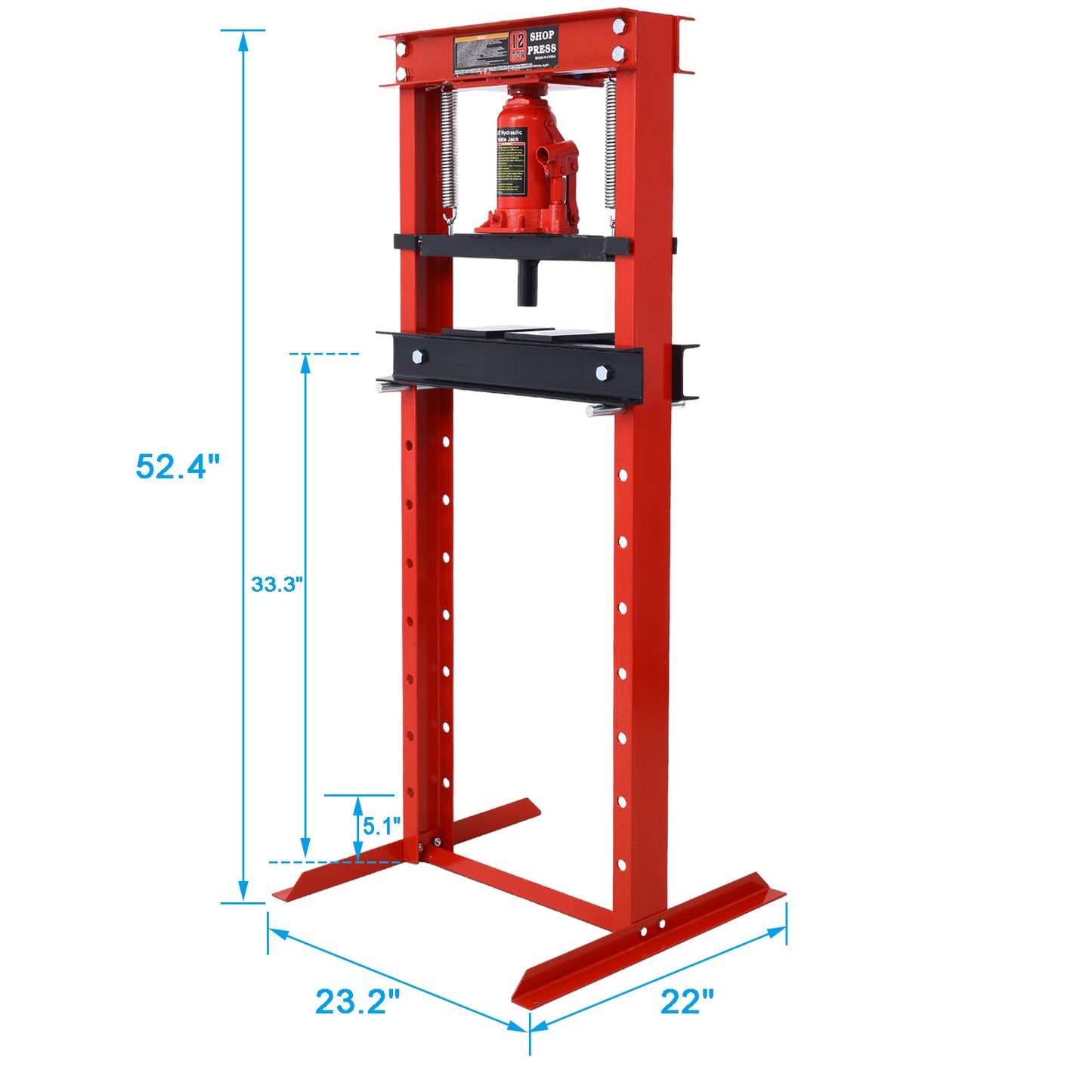 Hydraulische Werkstattpresse, 12 Tonnen Kapazität, Bodenmontage, mit Pressplatten, H-Rahmen-Garagenbodenpresse, einstellbare Arbeitstischhöhe, rot