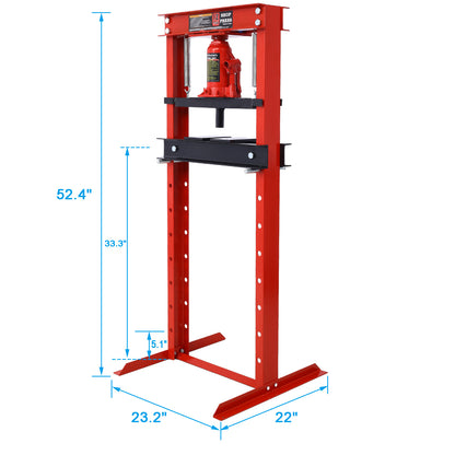 Pressa idraulica da officina, capacità 12 tonnellate, montaggio a pavimento, con piastre di pressatura, pressa da pavimento per garage con telaio a H, altezza del tavolo di lavoro regolabile, rossa