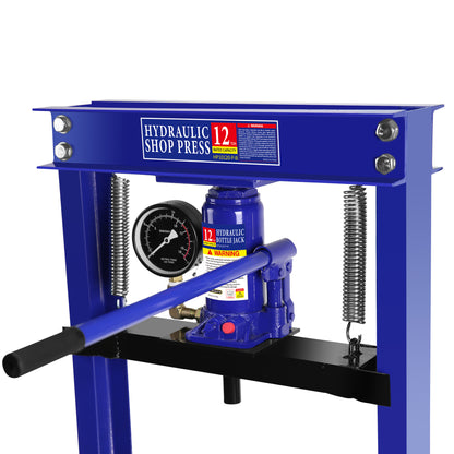 Steel H-Frame Hydraulic Shop Press with Stamping Plates to Bend, Straighten, or Press Parts, with a pressure gauge, Install Bearings and U-Joints, 12 Ton (24,000 lb) Capacity