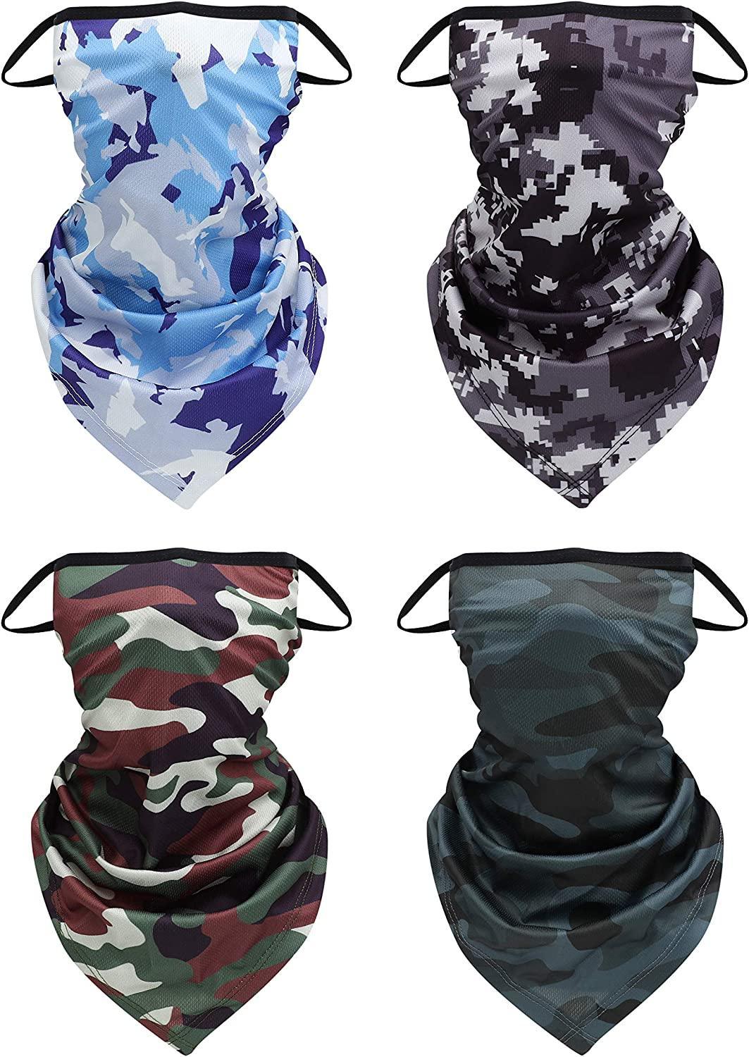 4 pañuelos para el cuello y la cara para hombres y mujeres, con trabillas para las orejas, para exteriores, tubo deportivo, bandanas UV, diadema para el polvo