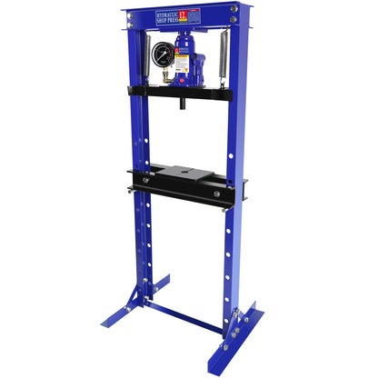 Steel H-Frame Hydraulic Shop Press with Stamping Plates to Bend, Straighten, or Press Parts, with a pressure gauge, Install Bearings and U-Joints, 12 Ton (24,000 lb) Capacity